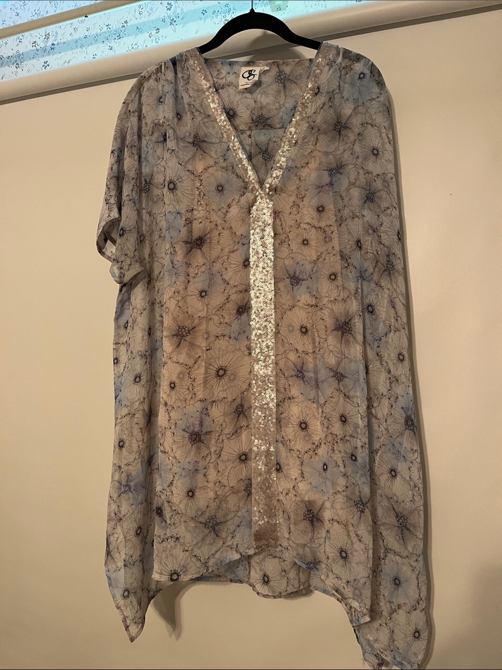Embellished V-Neck Sheer Tunic in Light Gray and Blue
